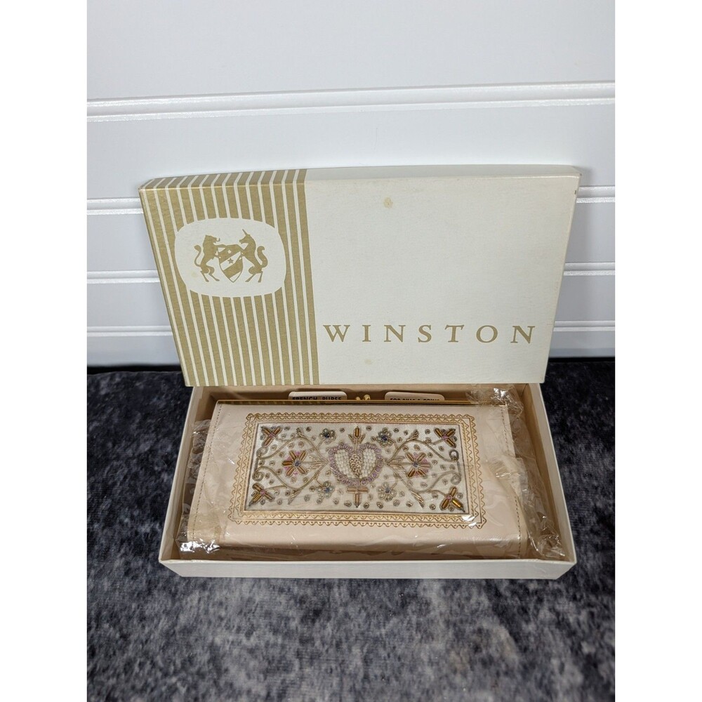 Vtg 1960s Winston French Purse Wallet Cream Leather Hand Brocade Plaque Box NOS